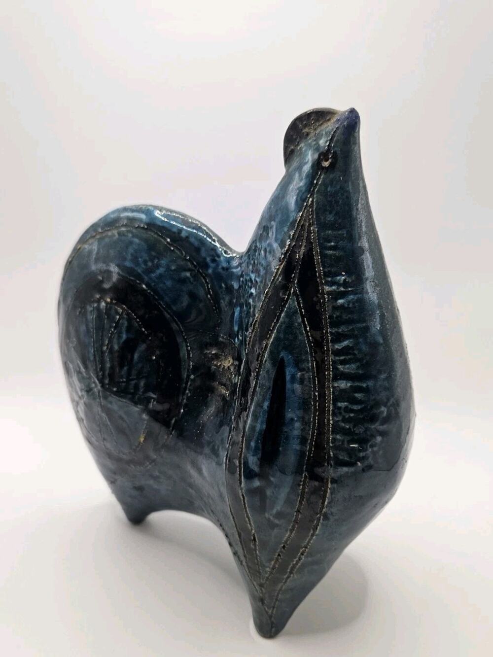 Unique Artisan Ceramic Rooster Dark Blue Glazed Hand Built Pottery Figurine ATQ